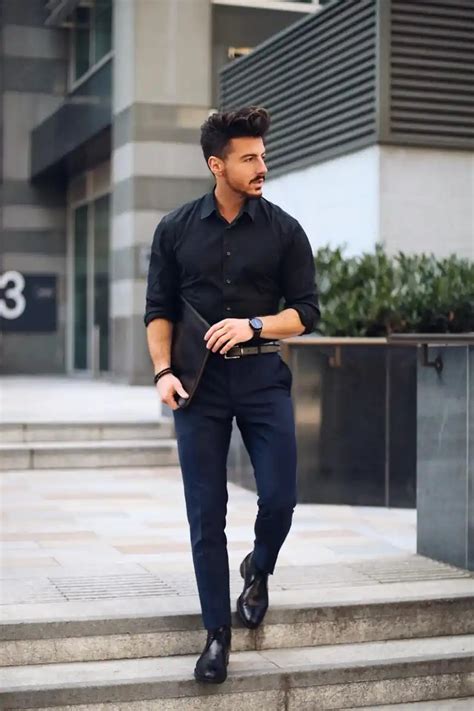 blue dress shirt black pants.